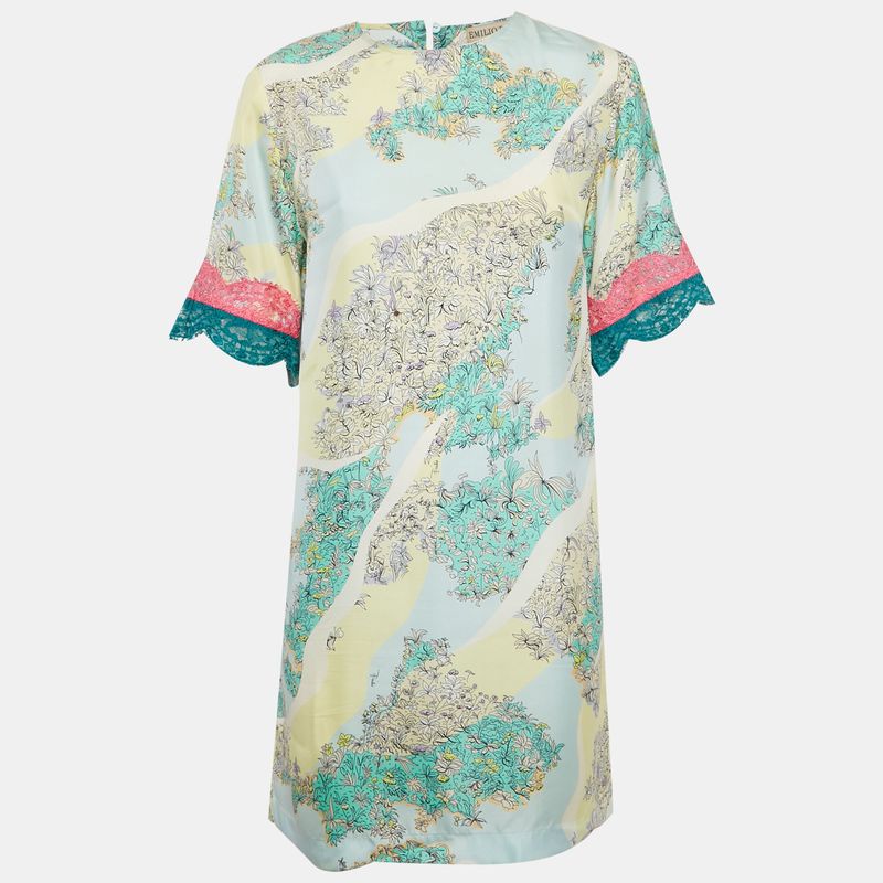Emilio Pucci Multicolor Printed Silk & Lace Trim Mini Dress S